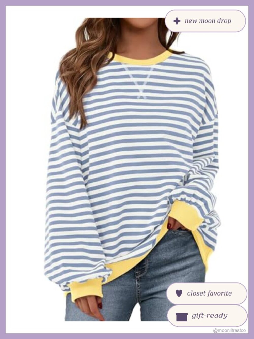 Oversized Striped Sweatshirt Lantern Sleeve Crewneck Loose Fit Pullover